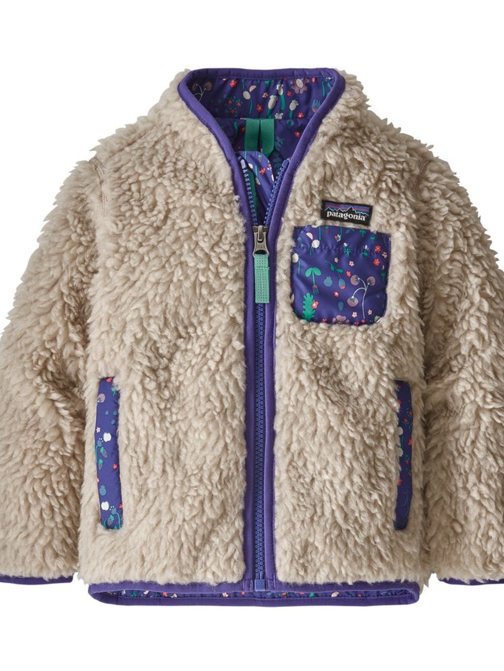 Patagonia Kids Cream Sherpa Jacket with Purple Trim and Patterned Accents